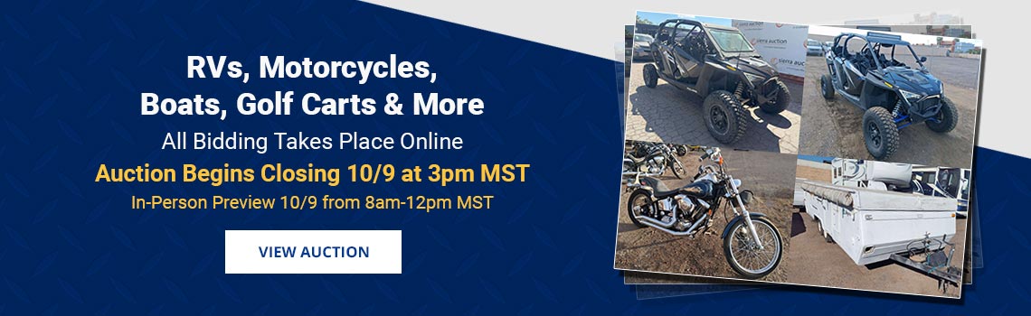 Phoenix & Tucson RVs, Motorcycles, Boats, Off-Road & Specialty Vehicles Auction Begins Closing Friday, October 9th