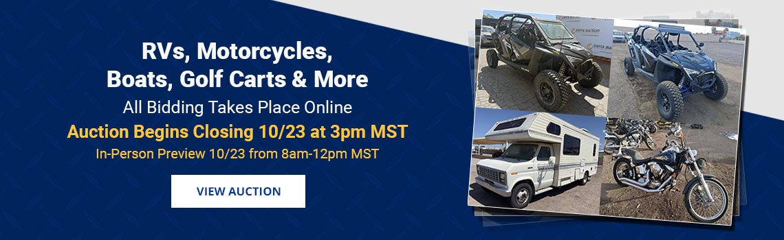 Specialty Vehicles, RVs, Motorcycles, Off-Road Vehicles Auction Begins Closing Friday, October 23rd