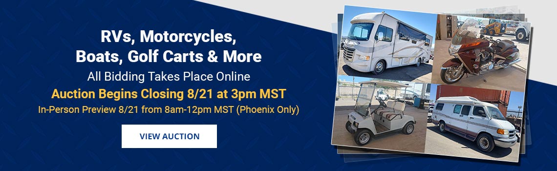 RVs, Motorcycles, Boats and Carts Auction Begins Closing Friday, August 21st
