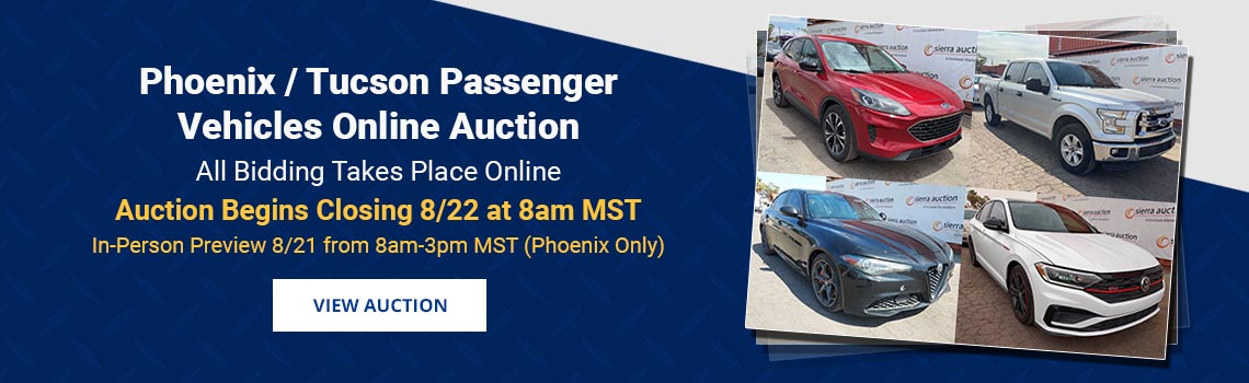 Phoenix & Tucson Passenger Vehicles Auction Begins Closing Saturday, August 22nd