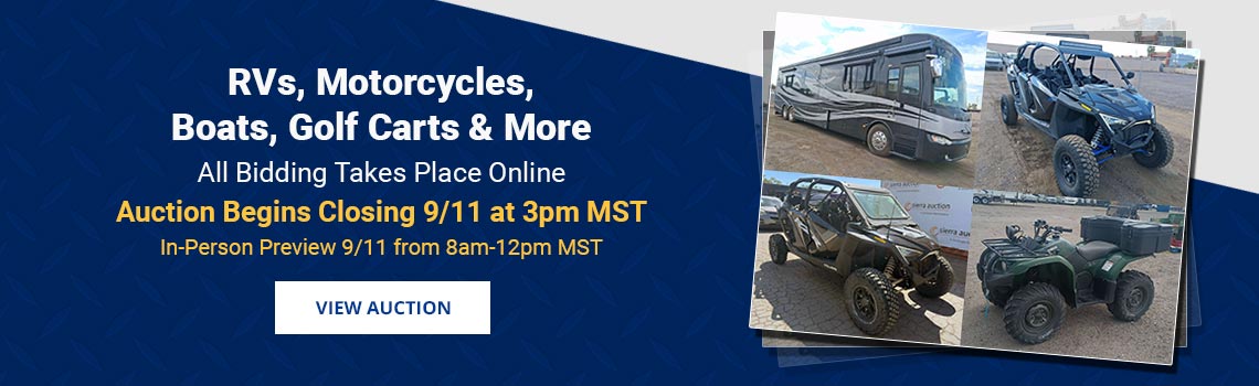 RVs, Motorcycles, Golf Carts, Boats, Off-Road Vehicles Auction Begins Closing Friday, September 11th